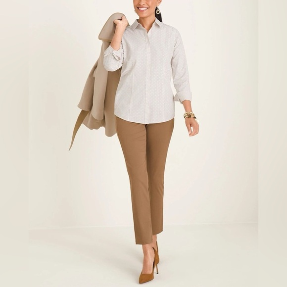 Chicos Coolmax All Season No Iron Sand Jacquard Dot Striped Button Up Sh… - Picture 3 of 13